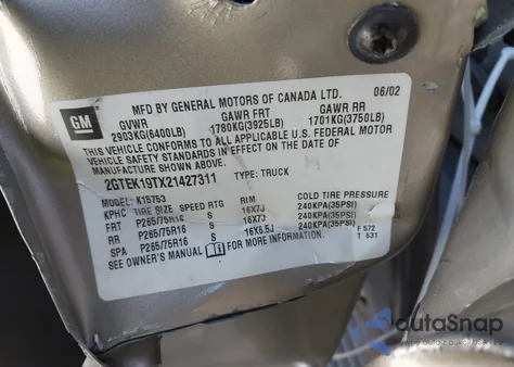 2002 GMC Sierra 1500 Sle z USA, uszkodzony, nr VIN 2GTEK19TX21427311